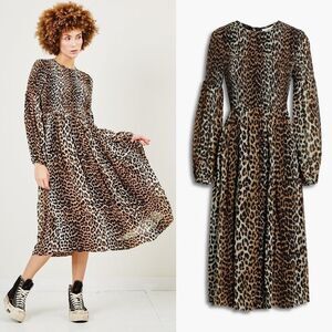 Ganni Leopard Animal Print Brown Georgette Smocked Long Sleeve Midi Dress Size 4